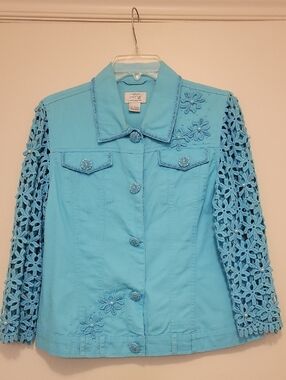 JUST B Turquoise Crochet-Sleeve Jean Jacket